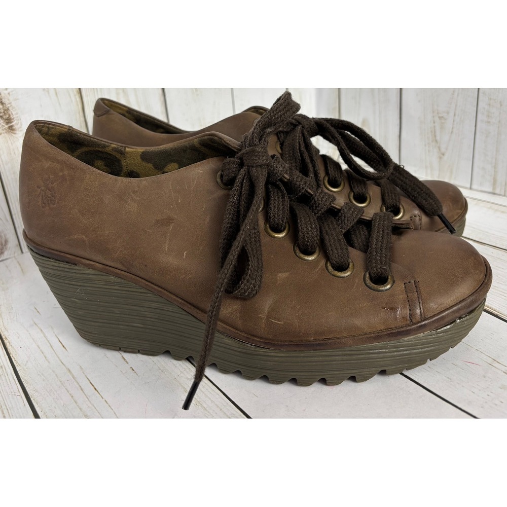 Fly London Yoss Brown Leather Lace Up Wedge Platform Booties P500081003 Size 41